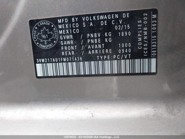 3VW217AU1FM071436 Volkswagen Golf 1.8 Tsi Comfortline/1.8 Tsi Highline/1.8 Tsi Trendline