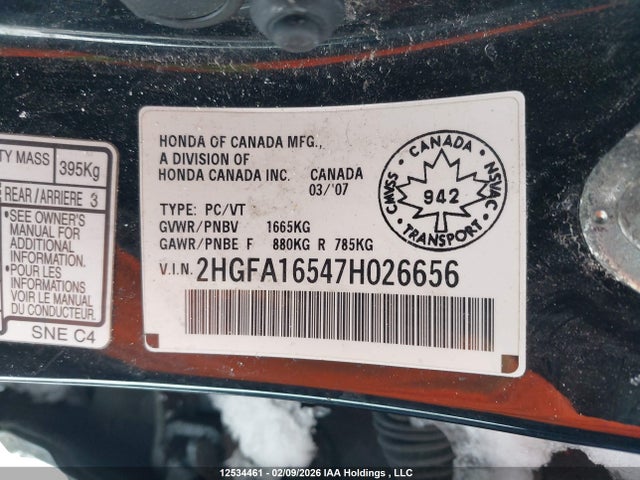 Aukcja sprzedaży 2007 Honda Civic Lx, vin: 2HGFA16547H026656, numer aukcji: 12534461