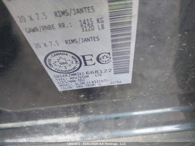 12543572 :رقم المزاد ، 5N1AR2MM3EC668122 vin ، 2014 Nissan Pathfinder Platinum/s/sl/sv مزاد بيع