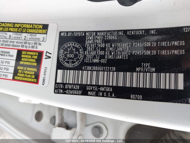 12570035 :رقم المزاد ، 4T3BK3BB0GU122138 vin ، 2016 Toyota Venza Xle مزاد بيع