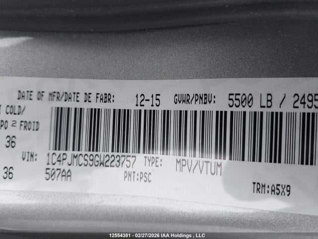2016 Jeep Cherokee North მანქანა იყიდება აუქციონზე, vin: 1C4PJMCS9GW223757, აუქციონის ნომერი: 12554381
