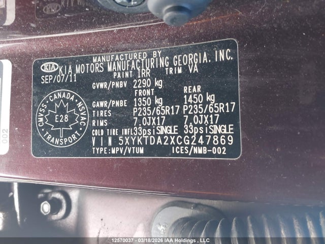 12570037 :رقم المزاد ، 5XYKTDA2XCG247869 vin ، 2012 Kia Sorento Lx مزاد بيع