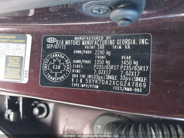 12570037 :رقم المزاد ، 5XYKTDA2XCG247869 vin ، 2012 Kia Sorento Lx مزاد بيع