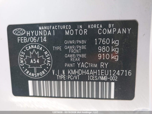 KMHDH4AH1EU124716 Hyundai Elantra Se/sport/limited