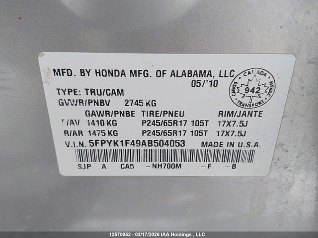 2010 Honda Ridgeline Rts მანქანა იყიდება აუქციონზე, vin: 5FPYK1F49AB504053, აუქციონის ნომერი: 12570052
