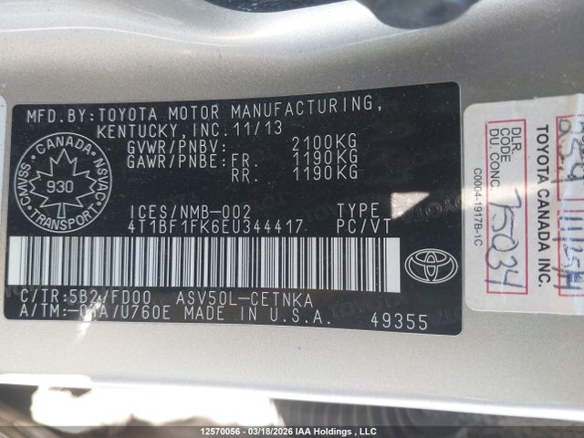 Aukcja sprzedaży 2014 Toyota Camry Le, vin: 4T1BF1FK6EU344417, numer aukcji: 12570056