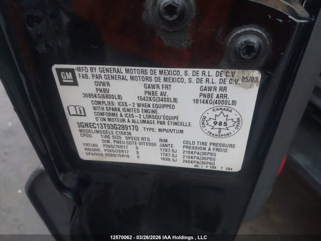 2003 Chevrolet Avalanche 1500 მანქანა იყიდება აუქციონზე, vin: 3GNEC13T93G289170, აუქციონის ნომერი: 12570062