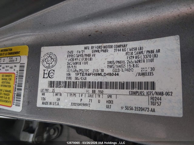 2021 Ford Ranger Xl/xlt/lariat მანქანა იყიდება აუქციონზე, vin: 1FTER4FH9MLD48044, აუქციონის ნომერი: 12570065