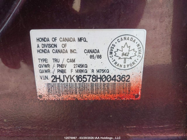 Продаж на аукціоні авто 2008 Honda Ridgeline Rtl, vin: 2HJYK16578H004362, номер лоту: 12570067