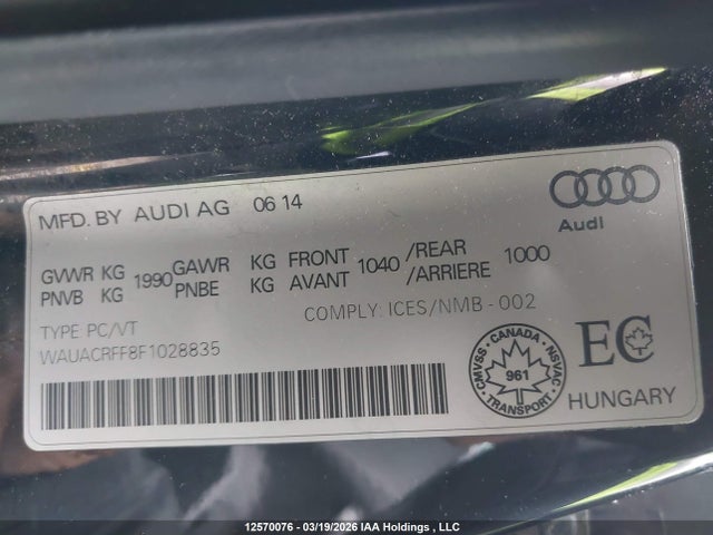 12570076 :رقم المزاد ، WAUACRFF8F1028835 vin ، 2015 Audi A3 مزاد بيع