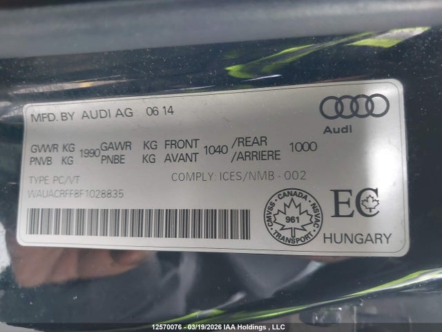 12570076 :رقم المزاد ، WAUACRFF8F1028835 vin ، 2015 Audi A3 مزاد بيع