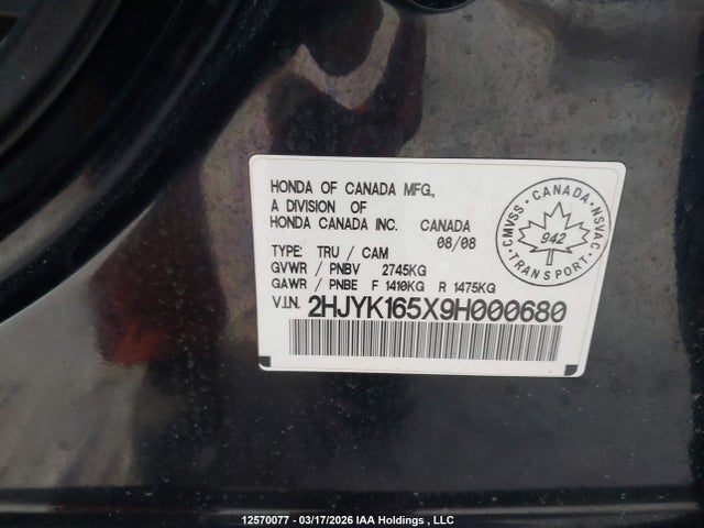 2009 Honda Ridgeline Rtl მანქანა იყიდება აუქციონზე, vin: 2HJYK165X9H000680, აუქციონის ნომერი: 12570077