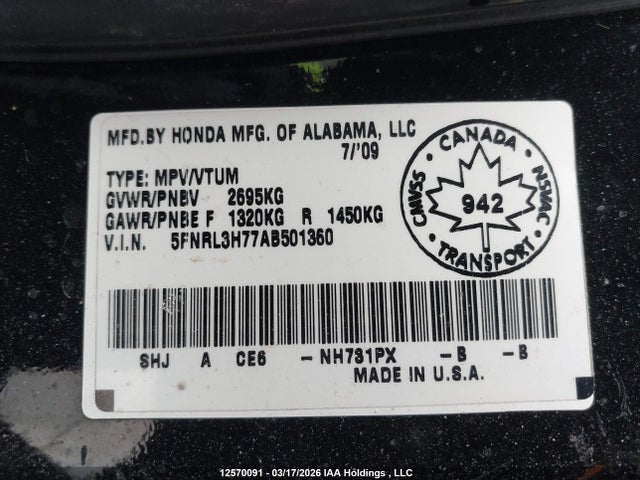 Продаж на аукціоні авто 2010 Honda Odyssey Ex-l, vin: 5FNRL3H77AB501360, номер лоту: 12570091