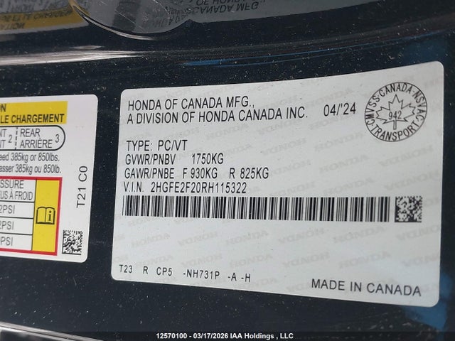 12570100 :رقم المزاد ، 2HGFE2F20RH115322 vin ، 2024 Honda Civic Lx-b مزاد بيع