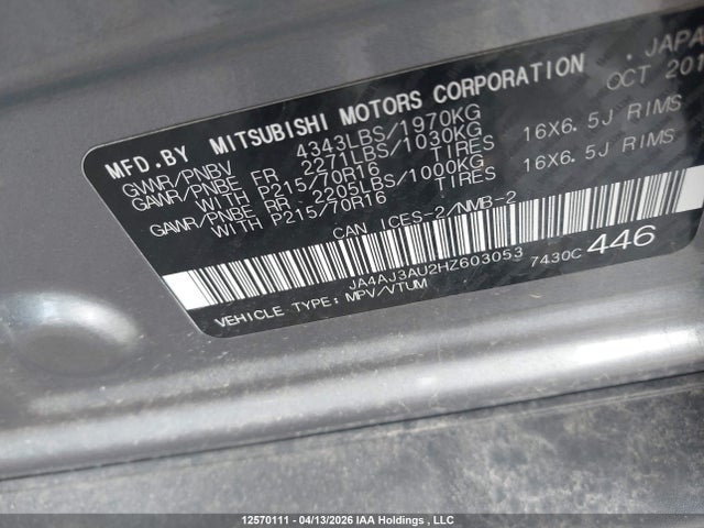 Aukcja sprzedaży 2017 Mitsubishi Rvr Se, vin: JA4AJ3AU2HZ603053, numer aukcji: 12570111