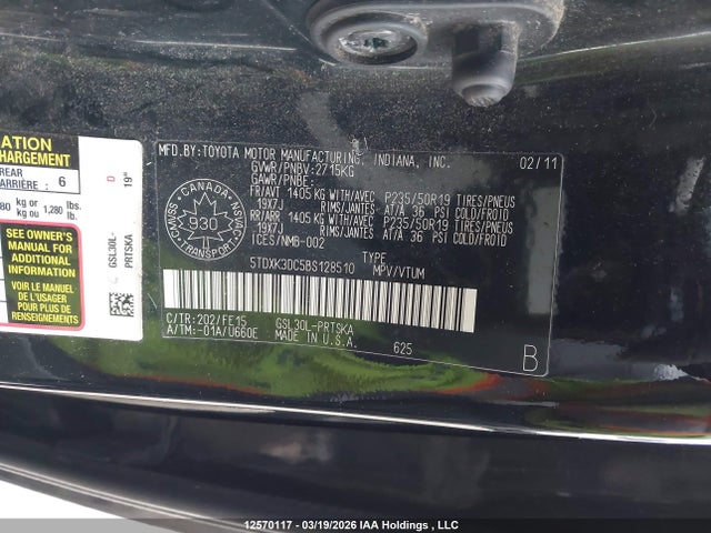 12570117 :رقم المزاد ، 5TDXK3DC5BS128510 vin ، 2011 Toyota Sienna Se 8 Passenger مزاد بيع