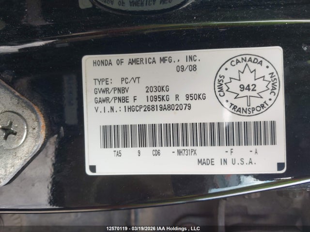12570119 :رقم المزاد ، 1HGCP26819A802079 vin ، 2009 Honda Accord Ex-l مزاد بيع