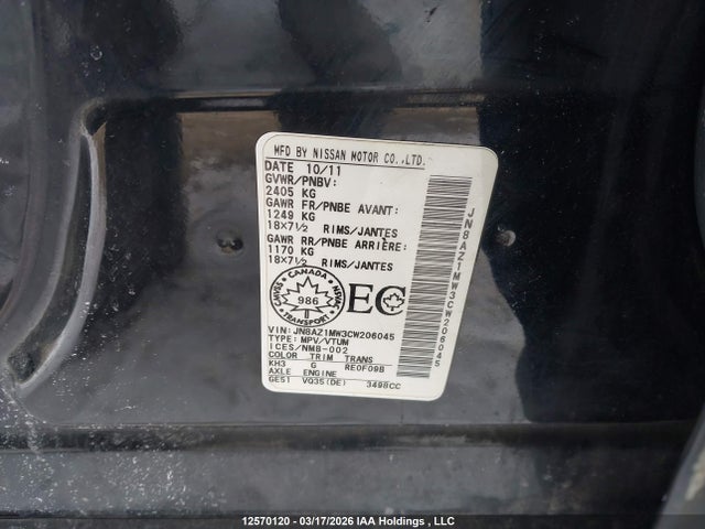 12570120 :رقم المزاد ، JN8AZ1MW3CW206045 vin ، 2012 Nissan Murano مزاد بيع