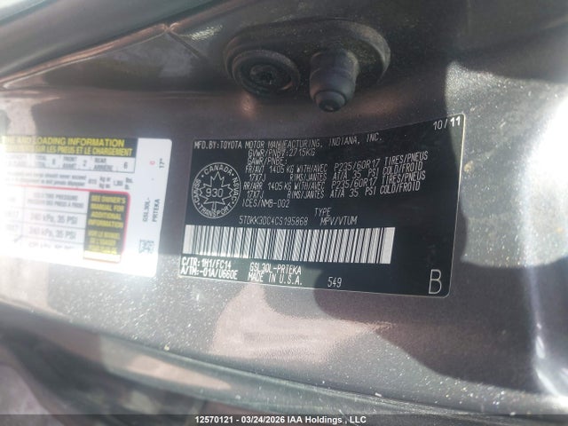 Продаж на аукціоні авто 2012 Toyota Sienna Le, vin: 5TDKK3DC4CS195868, номер лоту: 12570121