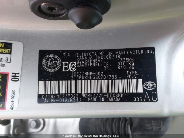 12570124 :رقم المزاد ، 2T1BURHE5GC701795 vin ، 2016 Toyota Corolla S مزاد بيع