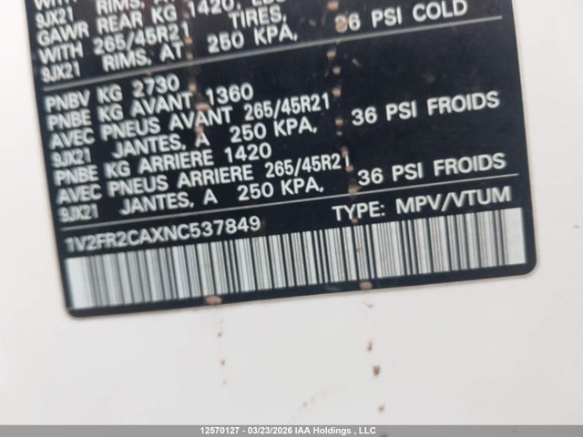 12570127 :رقم المزاد ، 1V2FR2CAXNC537849 vin ، 2022 Volkswagen Atlas 3.6 Fsi Execline مزاد بيع