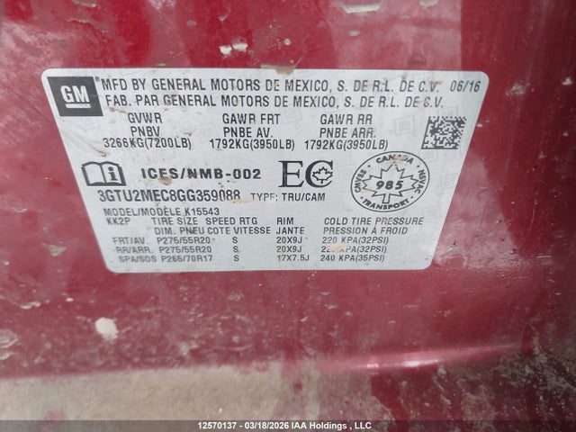 12570137 :رقم المزاد ، 3GTU2MEC8GG359088 vin ، 2016 Gmc Sierra K1500 Sle مزاد بيع
