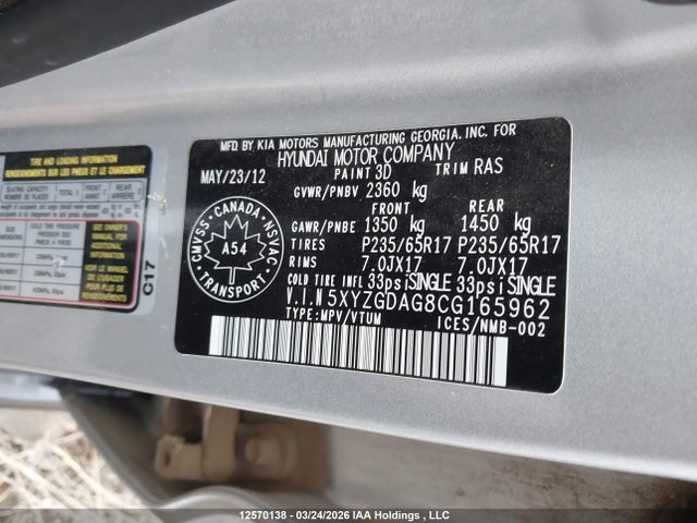 12570138 :رقم المزاد ، 5XYZGDAG8CG165962 vin ، 2012 Hyundai Santa Fe Gls مزاد بيع