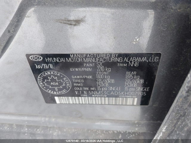 Продаж на аукціоні авто 2019 Hyundai Santa Fe Preferred 2.4, vin: 5NMS3CAD5KH007905, номер лоту: 12570140