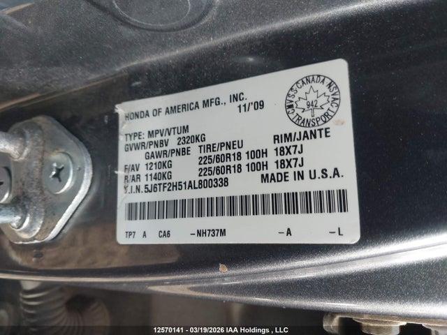 2010 Honda Accord Crosstour Ex-l მანქანა იყიდება აუქციონზე, vin: 5J6TF2H51AL800338, აუქციონის ნომერი: 12570141