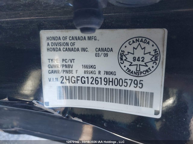 Продажа на аукционе авто 2009 Honda Civic Lx Sr, vin: 2HGFG12619H005795, номер лота: 12570142