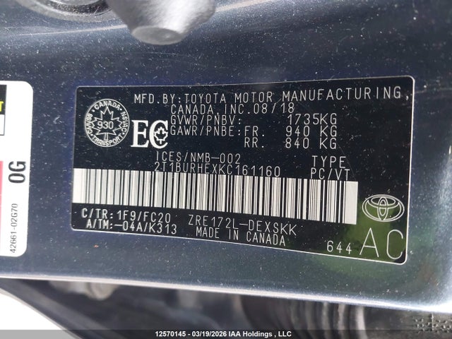 Aukcja sprzedaży 2019 Toyota Corolla Se, vin: 2T1BURHEXKC161160, numer aukcji: 12570145