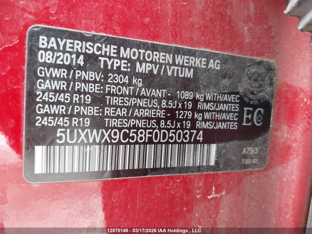 Aukcja sprzedaży 2015 Bmw X3, vin: 5UXWX9C58F0D50374, numer aukcji: 12570148