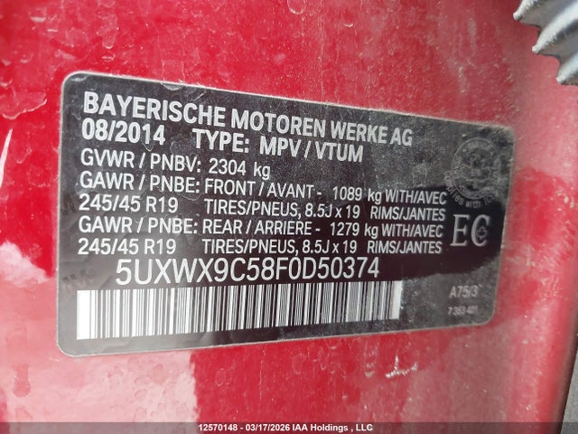 Aukcja sprzedaży 2015 Bmw X3, vin: 5UXWX9C58F0D50374, numer aukcji: 12570148