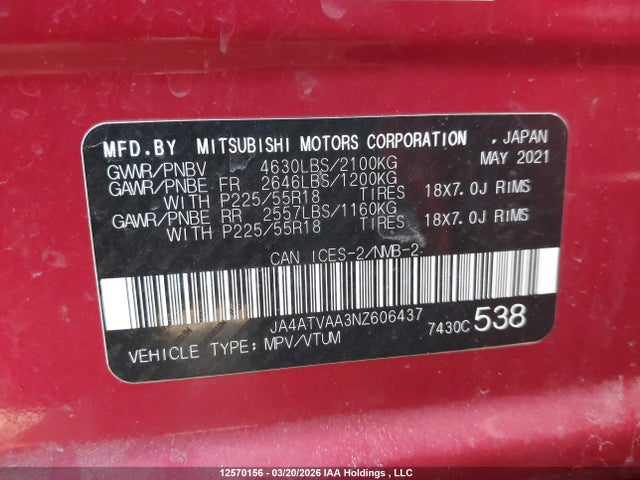 Aukcja sprzedaży 2022 Mitsubishi Eclipse Cross Le, vin: JA4ATVAA3NZ606437, numer aukcji: 12570156