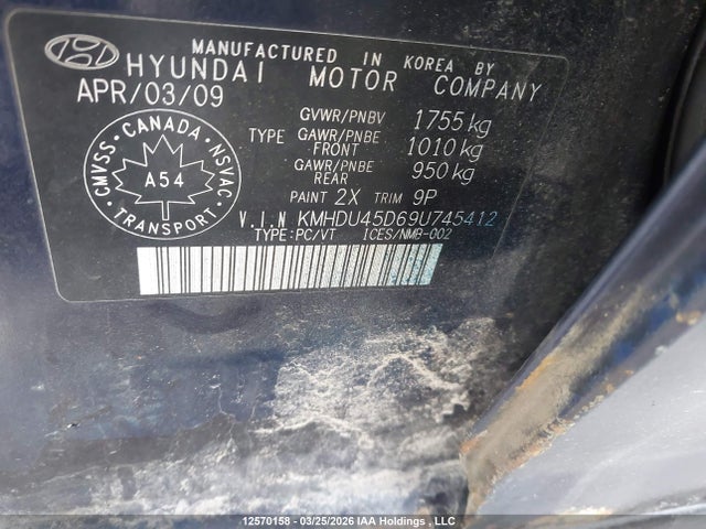 Продажа на аукционе авто 2009 Hyundai Elantra Gl/l, vin: KMHDU45D69U745412, номер лота: 12570158