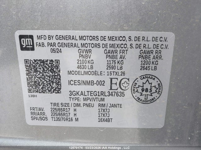 12570174 :رقم المزاد ، 3GKALTEG1RL347635 vin ، 2024 Gmc Terrain Sle مزاد بيع