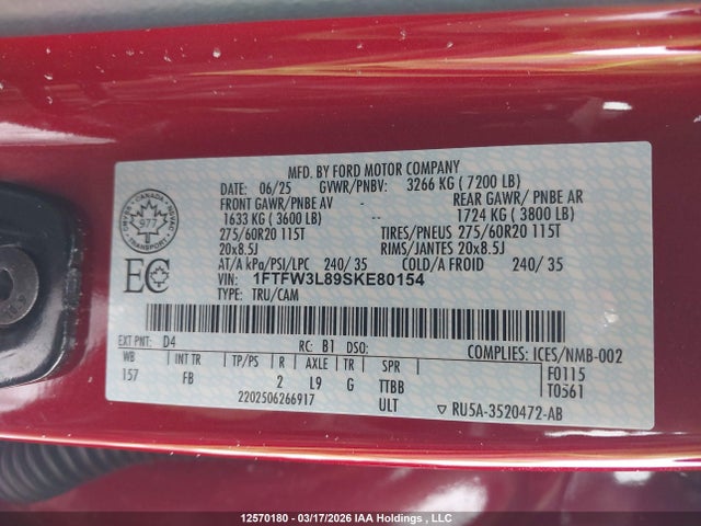 1FTFW3L89SKE80154 Ford F150 Xlt