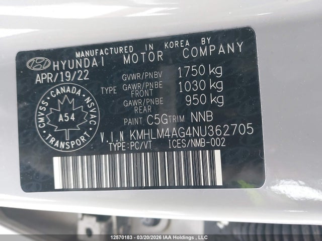 KMHLM4AG4NU362705 Hyundai ELANTRA SEL