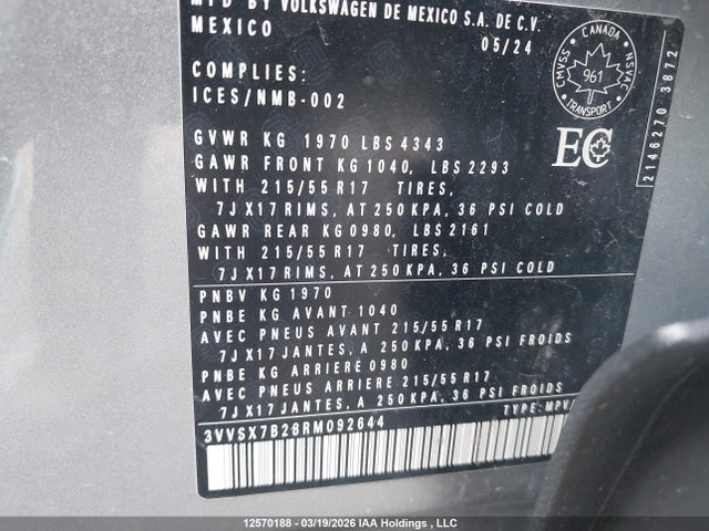 12570188 :رقم المزاد ، 3VVSX7B28RM092644 vin ، 2024 Volkswagen Taos Se مزاد بيع