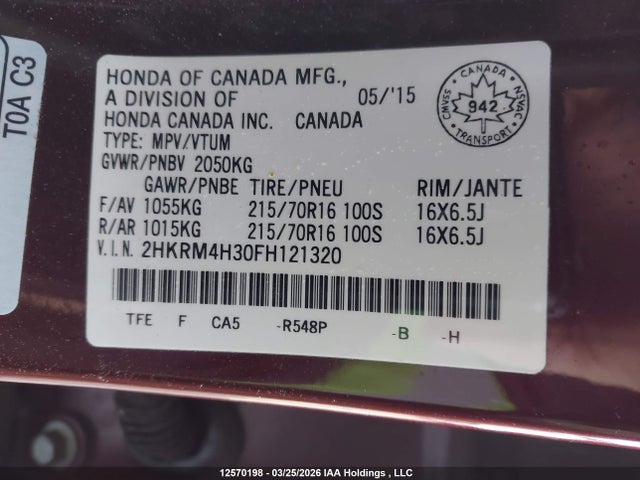 12570198 :رقم المزاد ، 2HKRM4H30FH121320 vin ، 2015 Honda Cr-v Lx مزاد بيع