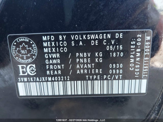 3VW1K7AJXFM403212 Volkswagen Jetta 2.0l Trendline/2.0l Trendline+