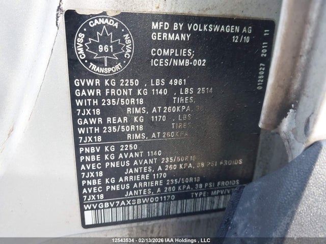 Aukcja sprzedaży 2011 Volkswagen Tiguan 2.0 Tsi Comfortline/2.0 Tsi Highline/2.0 Tsi Trendline, vin: WVGBV7AX3BW001170, numer aukcji: 12543534