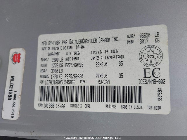 Aukcja sprzedaży 2005 Dodge Ram 1500 Slt/laramie, vin: 1D7HU18D05J545868, numer aukcji: 12538441