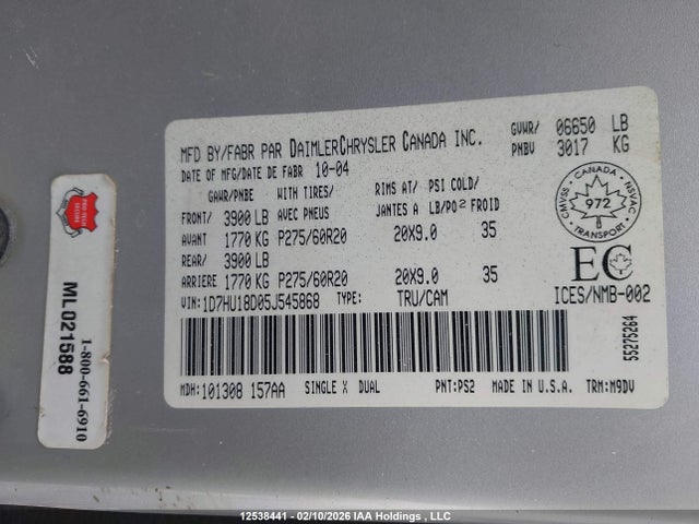 Aukcja sprzedaży 2005 Dodge Ram 1500 Slt/laramie, vin: 1D7HU18D05J545868, numer aukcji: 12538441