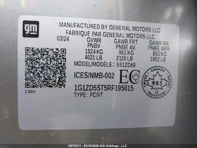 Aukcja sprzedaży 2024 Chevrolet Malibu Lt, vin: 1G1ZD5ST5RF195015, numer aukcji: 12570211