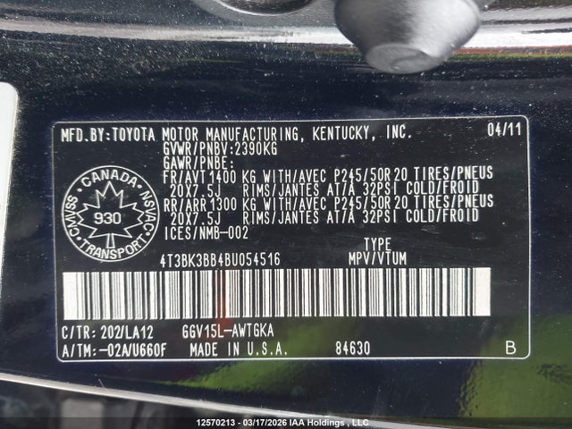 Продаж на аукціоні авто 2011 Toyota Venza, vin: 4T3BK3BB4BU054516, номер лоту: 12570213