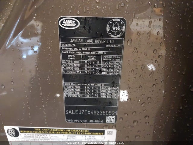 12570214 :رقم المزاد ، SALEJ7EX4S2360521 vin ، 2025 Land Rover Defender 110 S مزاد بيع