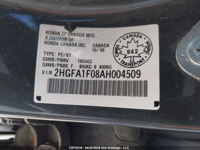 2010 Honda Civic მანქანა იყიდება აუქციონზე, vin: 2HGFA1F08AH004509, აუქციონის ნომერი: 12570216
