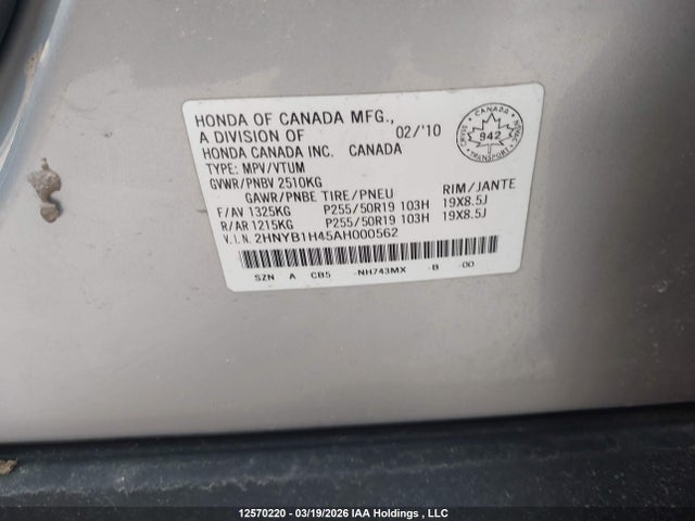 Aukcja sprzedaży 2010 Acura Zdx Technology, vin: 2HNYB1H45AH000562, numer aukcji: 12570220