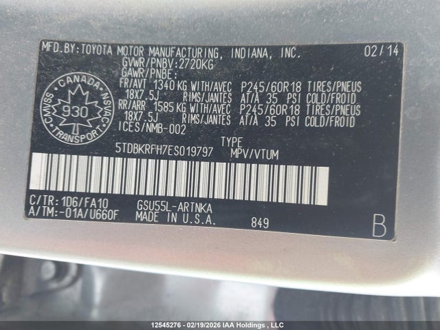 2014 Toyota Highlander Le მანქანა იყიდება აუქციონზე, vin: 5TDBKRFH7ES019797, აუქციონის ნომერი: 12545276